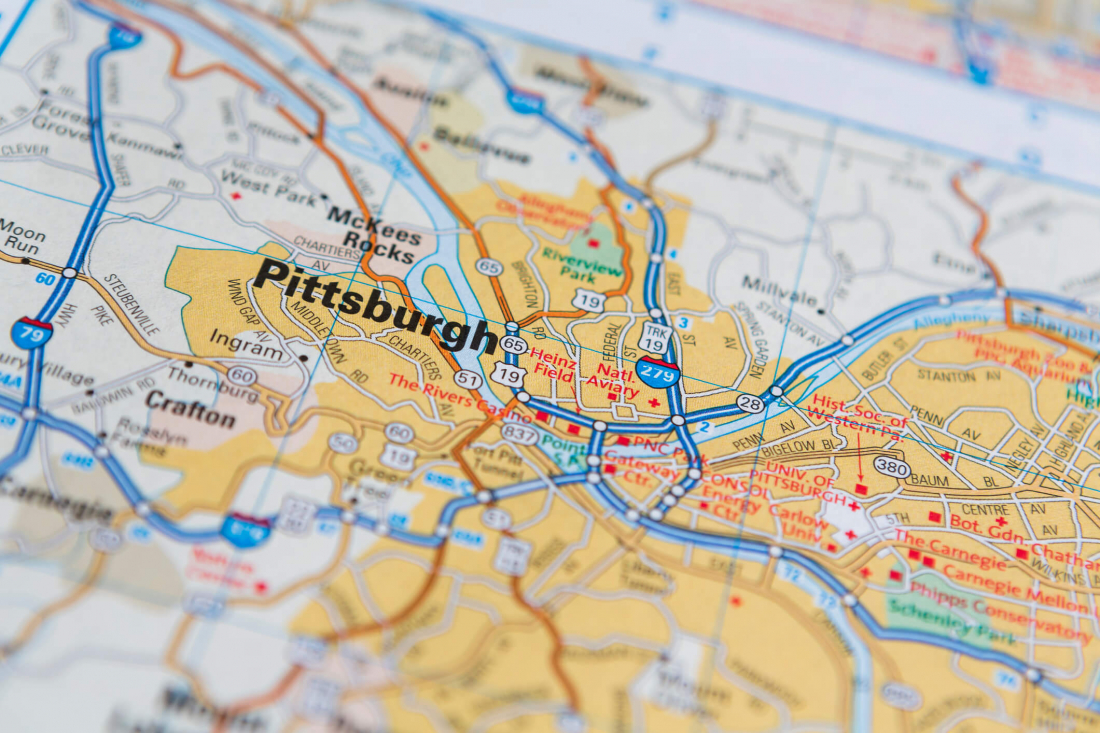 close up of pittsburgh on map