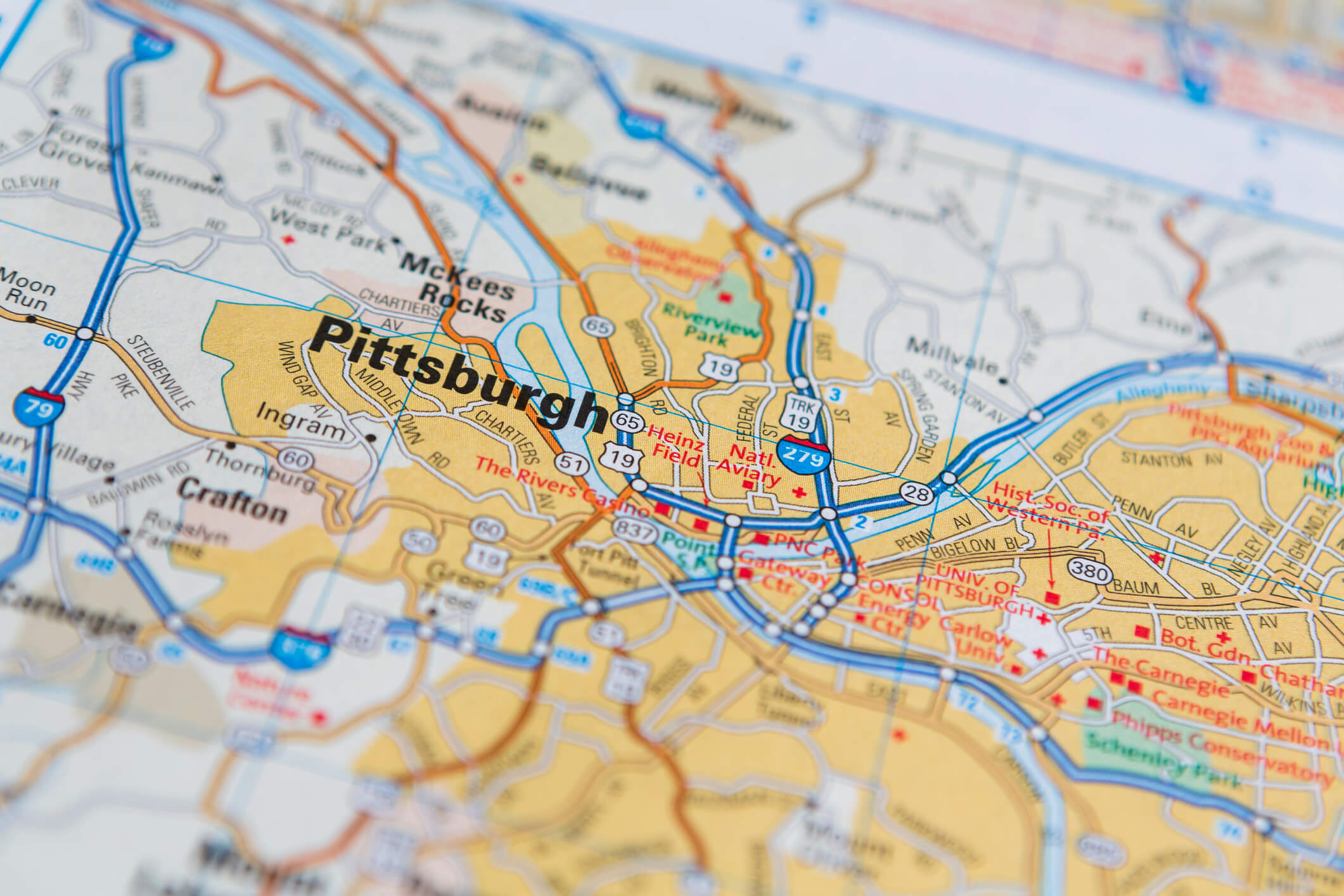 close up of pittsburgh on map