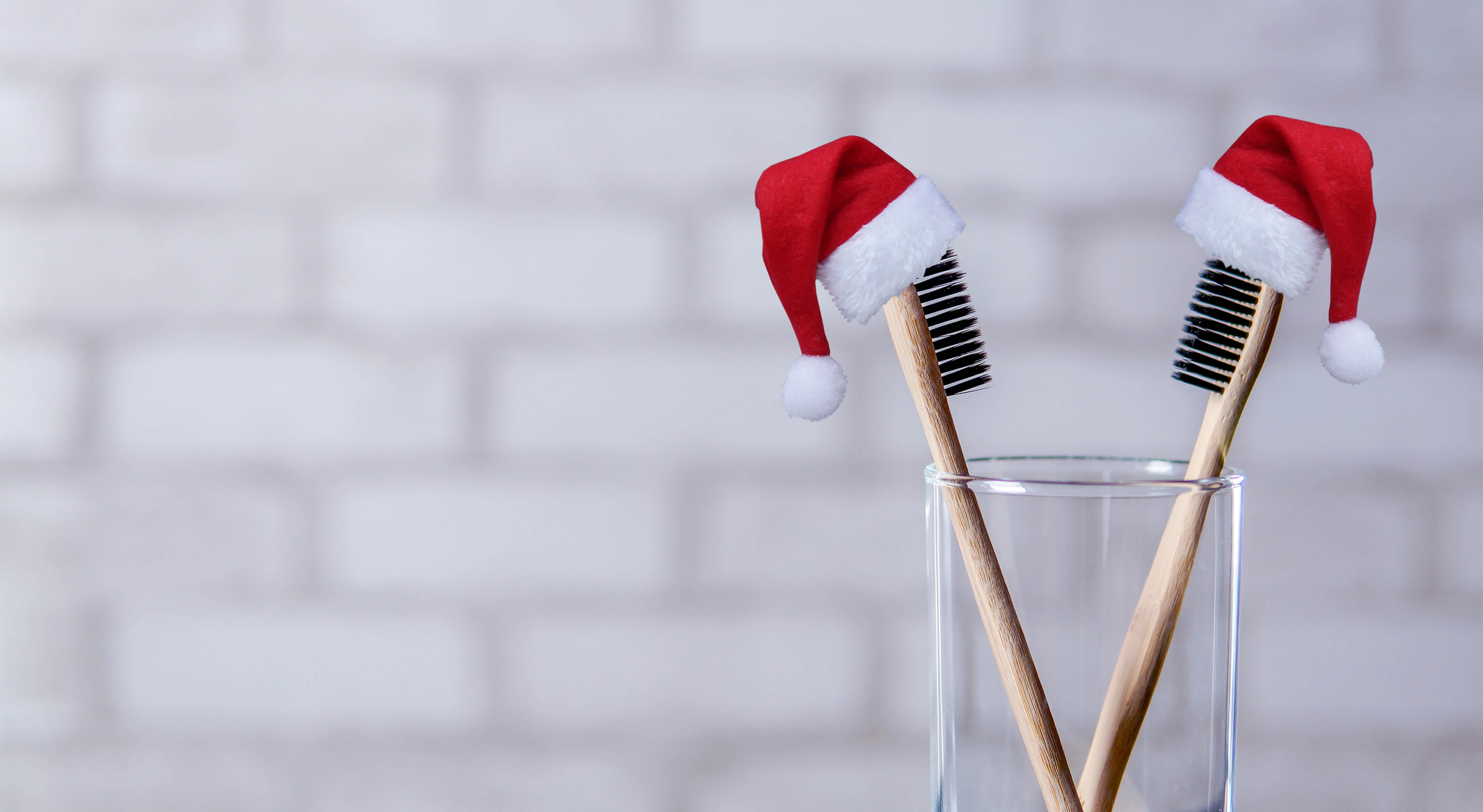 two toothbrushes in cup with holiday hats